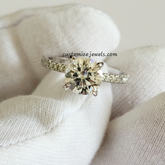 14k White Gold 2.30 Carat Round Cut Moissanite Hidden Halo Engagement Ring - Picture 3 of 7